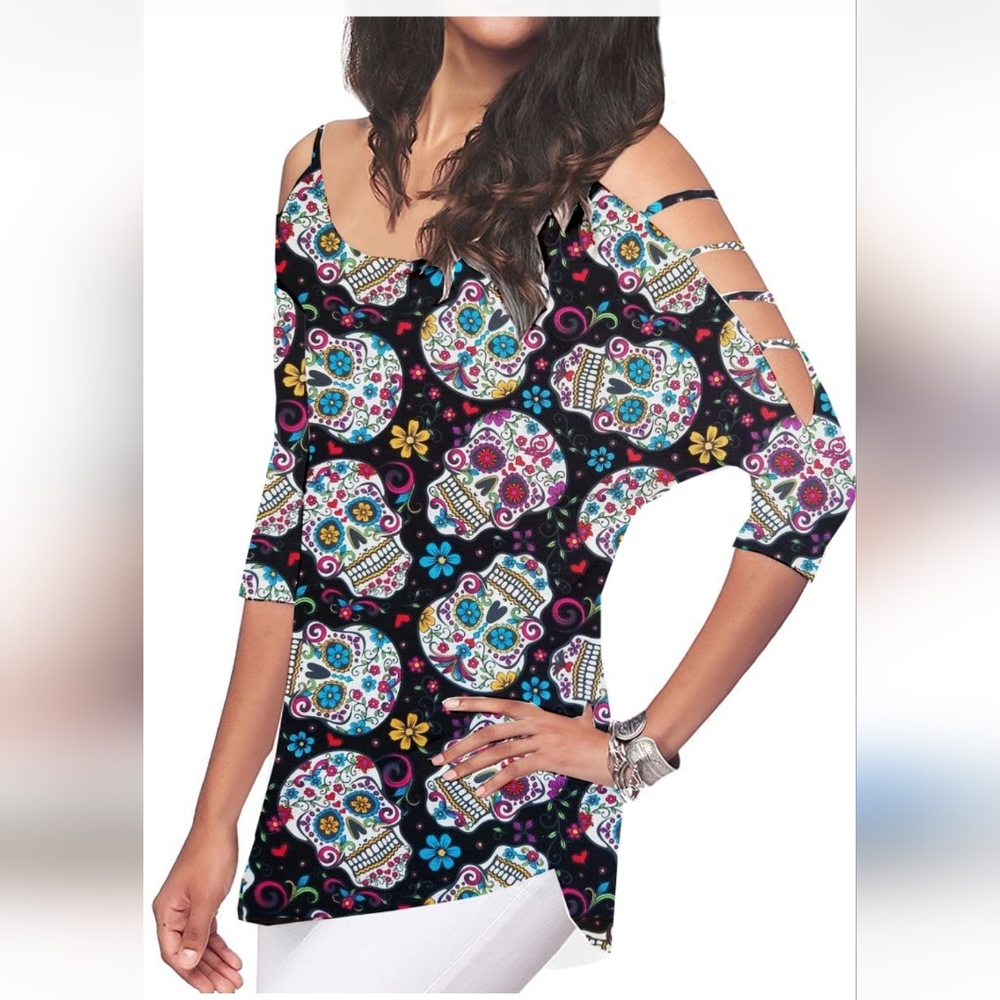 Roshop Halloween 3/4 Sleeve Cold Shoulder Scary Flower Skull Pattern NWT Sz 2XL